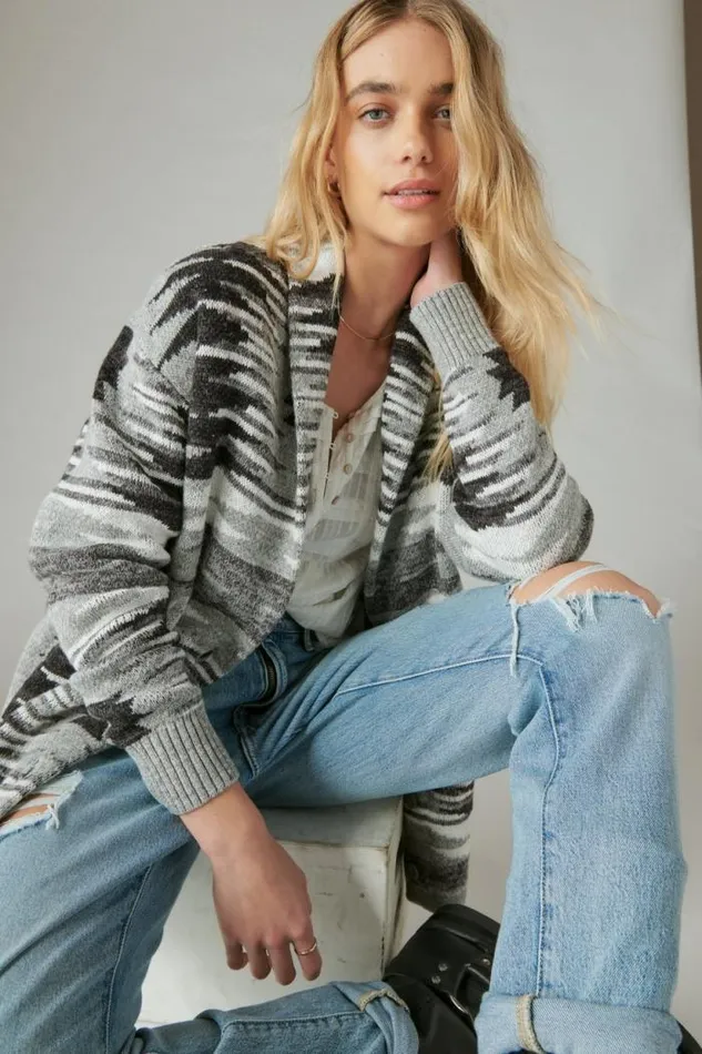 Lucky Brand Southwestern Sweater Cardigan Med Heath Grey Combo Women Sweaters and Sweatshirts