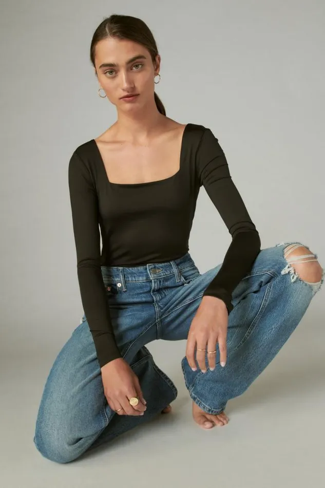 Lucky Brand Square Neck Long Sleeve Bodysuit Jet Black Women All Tops