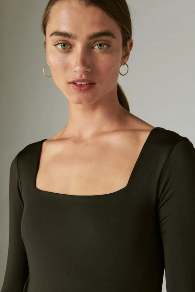 Lucky Brand Square Neck Long Sleeve Bodysuit Jet Black Women All Tops