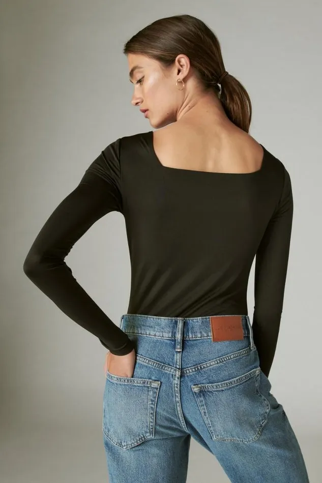 Lucky Brand Square Neck Long Sleeve Bodysuit Jet Black Women All Tops