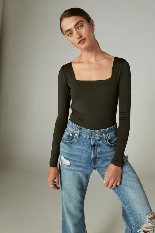 Lucky Brand Square Neck Long Sleeve Bodysuit Jet Black Women All Tops