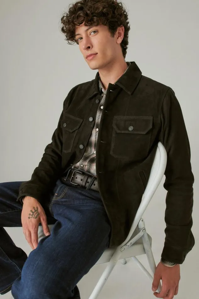 Lucky Brand Suede Military Shirt Jacket 001 Black Men Jackets and Outerwear
