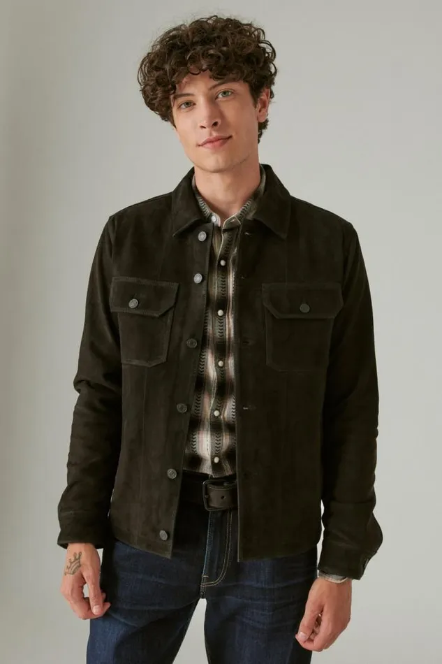 Lucky Brand Suede Military Shirt Jacket 001 Black Men Jackets and Outerwear