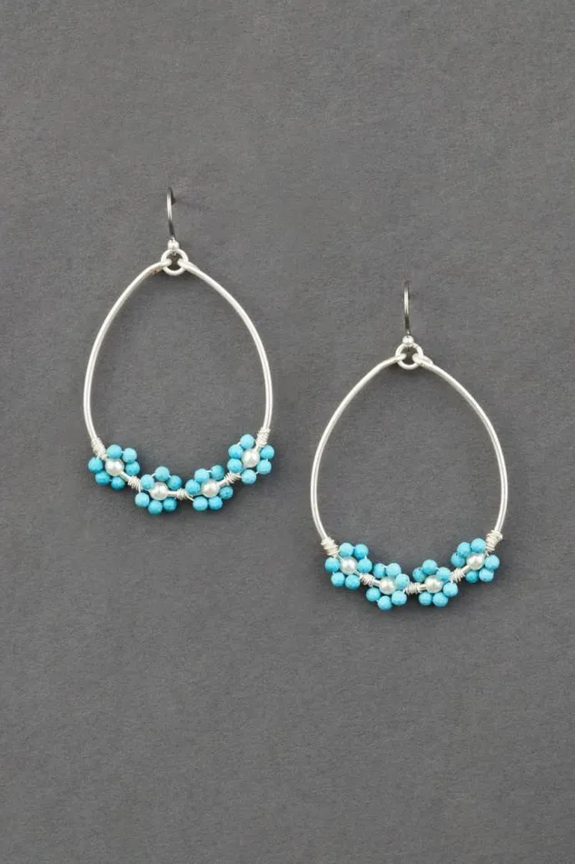Lucky Brand Turquoise Beaeded Flower Drop Earring Silver Women Jewelry