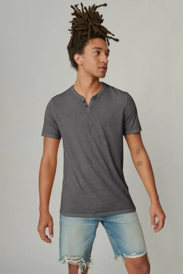 Lucky Brand Venice Burnout Notch Neck Tee Jet Black Men Shirts and Tops