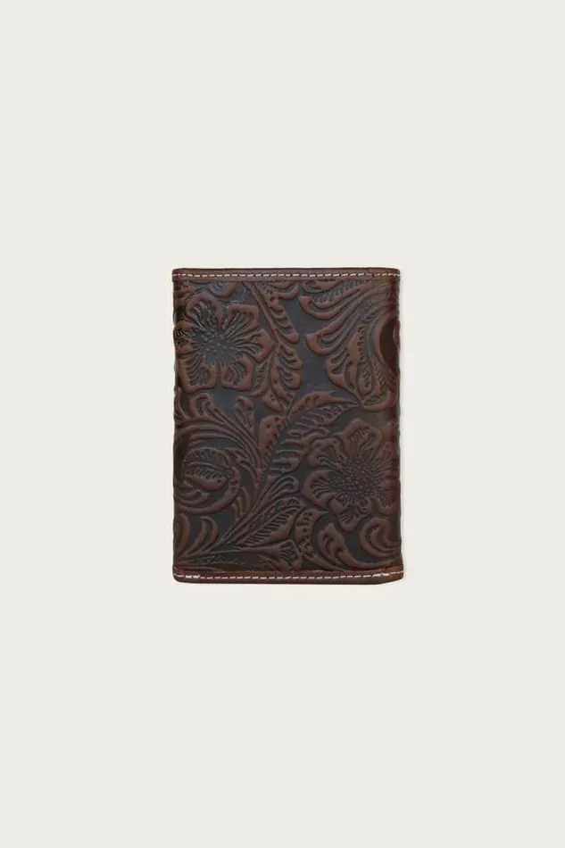 Lucky Brand Western Embossed Leather Trifold Wallet Dark Brown Men Bags and Wallets