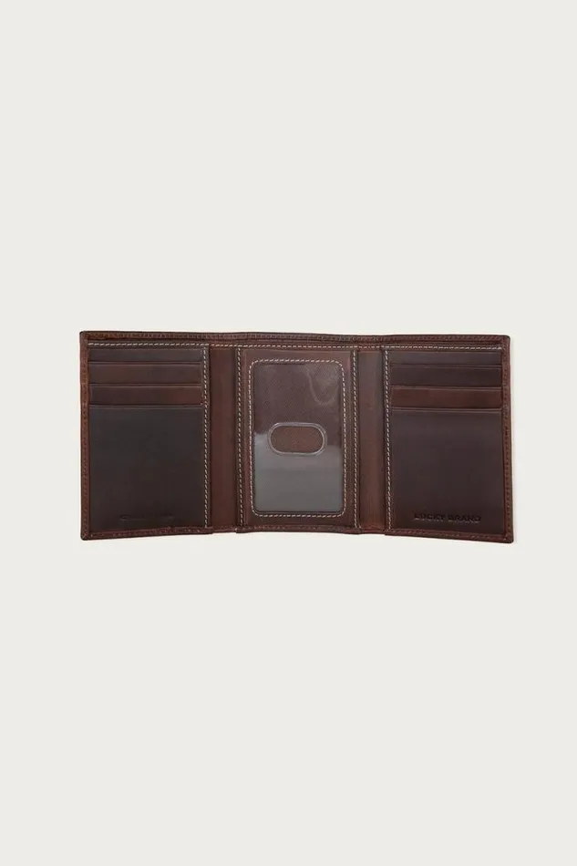 Lucky Brand Western Embossed Leather Trifold Wallet Dark Brown Men Bags and Wallets