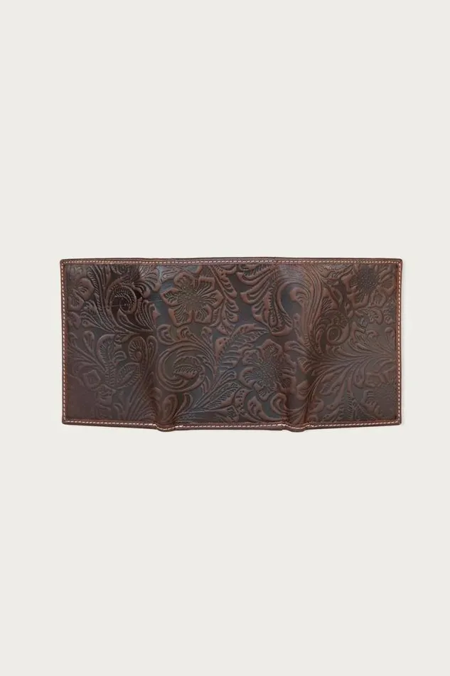 Lucky Brand Western Embossed Leather Trifold Wallet Dark Brown Men Bags and Wallets
