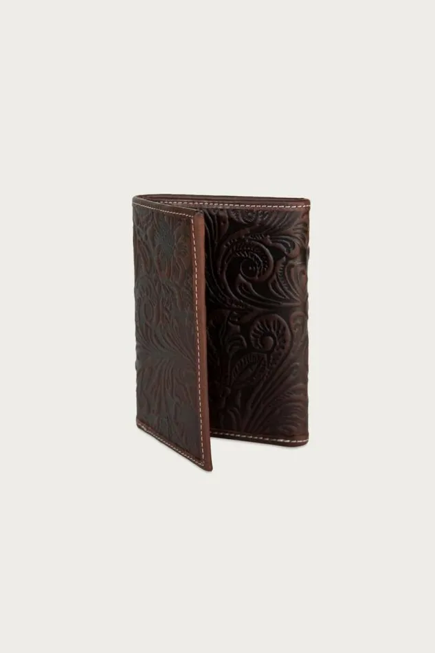 Lucky Brand Western Embossed Leather Trifold Wallet Dark Brown Men Bags and Wallets