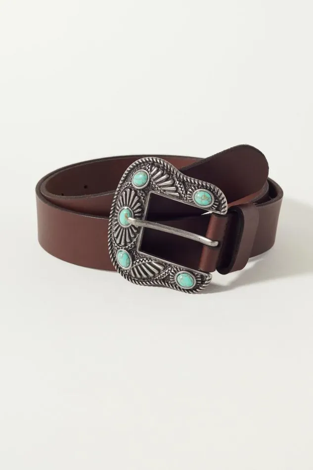 Lucky Brand Western Turquoise Buckle Belt Dark Brown Women Belts