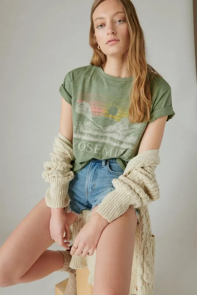 Lucky Brand Yosemite Boyfriend Tee Army Green Women Graphic Tees