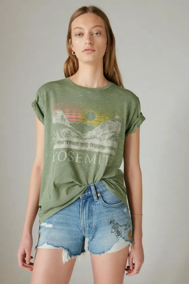 Lucky Brand Yosemite Boyfriend Tee Army Green Women Graphic Tees