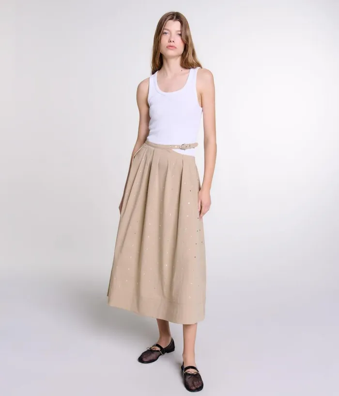 Maje Long Studded Cotton Skirt Women Skirts and Shorts