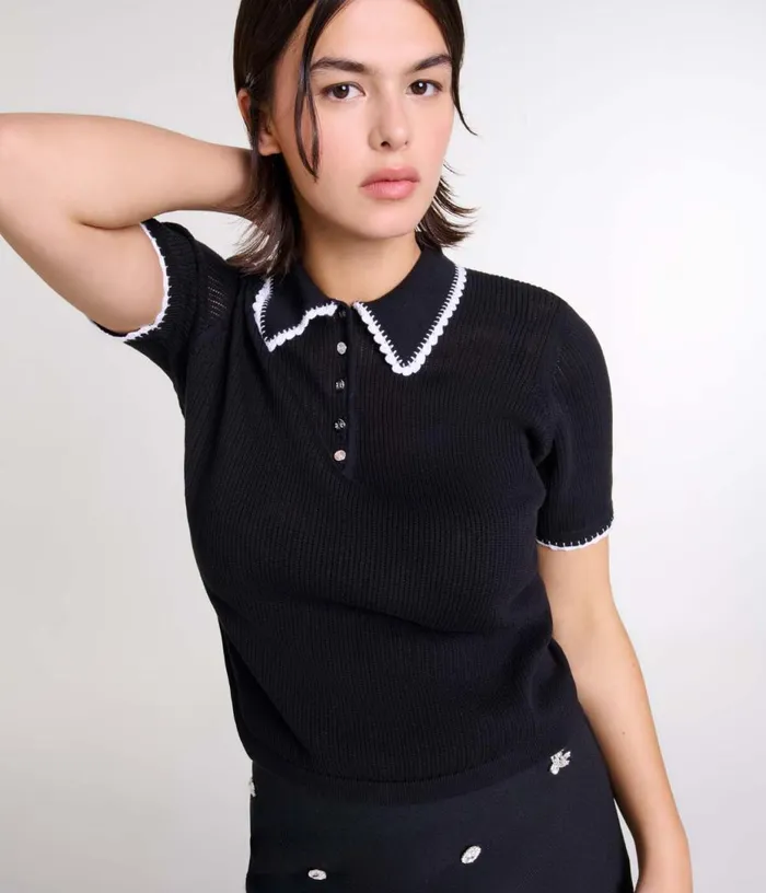 Maje Pointelle Knit Polo Shirt Women Sweaters and Cardigans