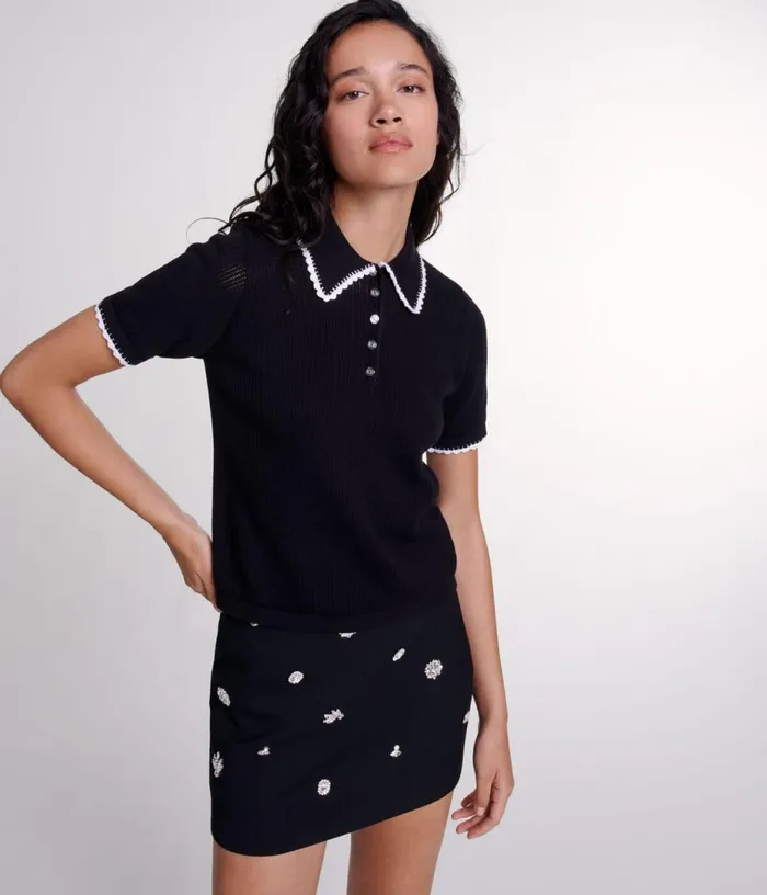 Maje Pointelle Knit Polo Shirt Women Sweaters and Cardigans
