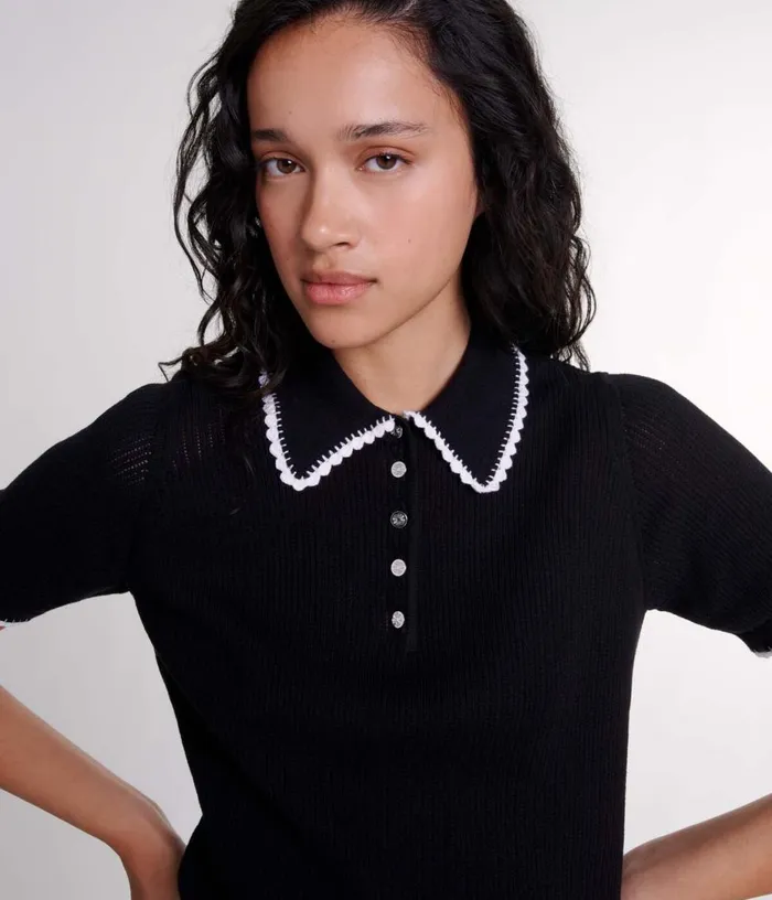 Maje Pointelle Knit Polo Shirt Women Sweaters and Cardigans