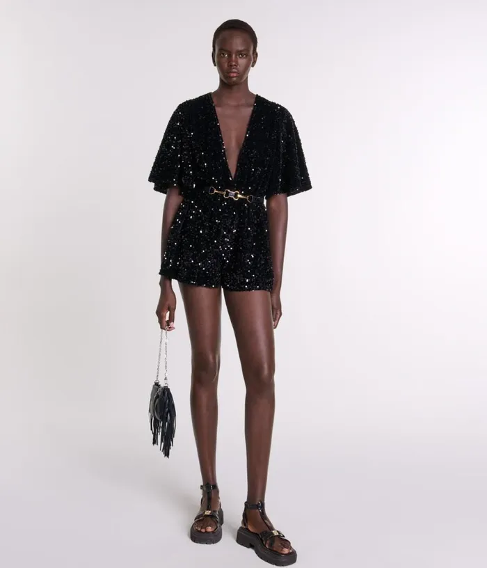 Maje Sequinned Velvet Playsuit Women Pants and Jeans