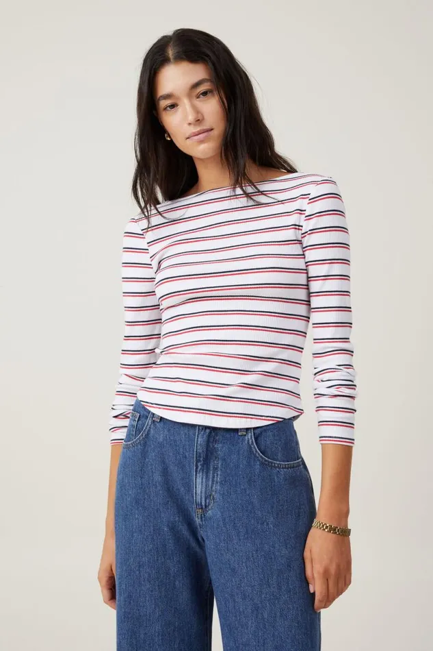 Margot Boat Neck Long Sleeve Top Dee Stripe Nautical Women Cotton On Tops