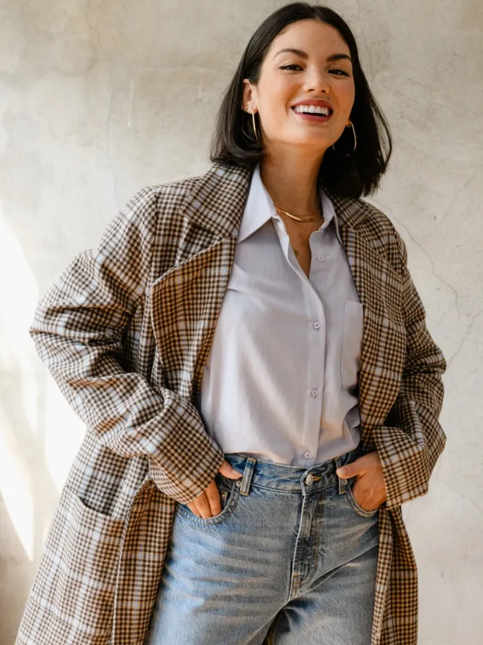 Marie Brushed Plaid Overcoat BlueNeutral Plaid Coats and Jackets Able Women
