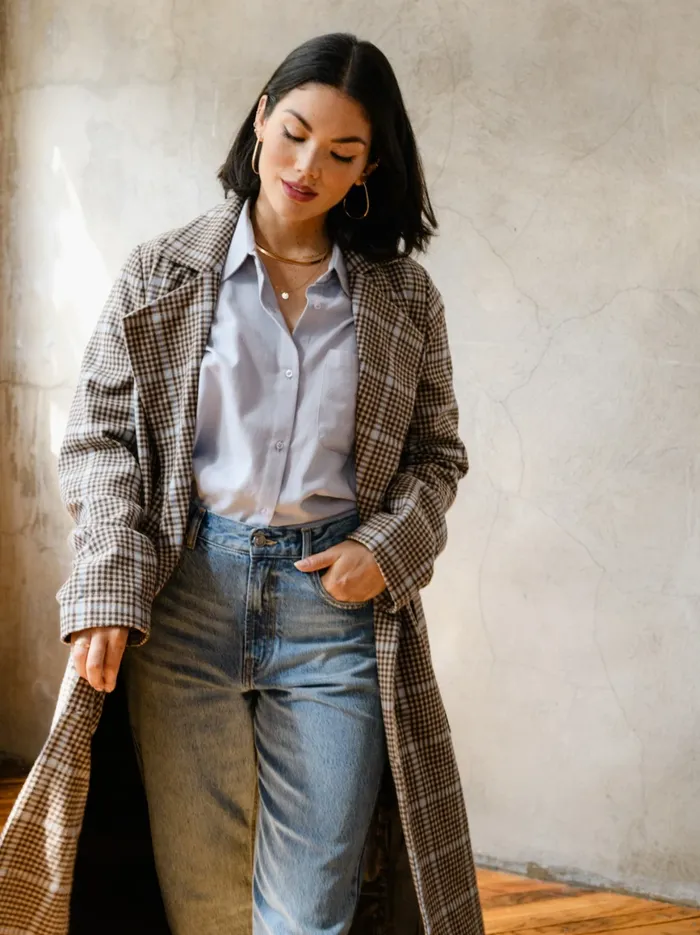 Marie Brushed Plaid Overcoat BlueNeutral Plaid Coats and Jackets Able Women