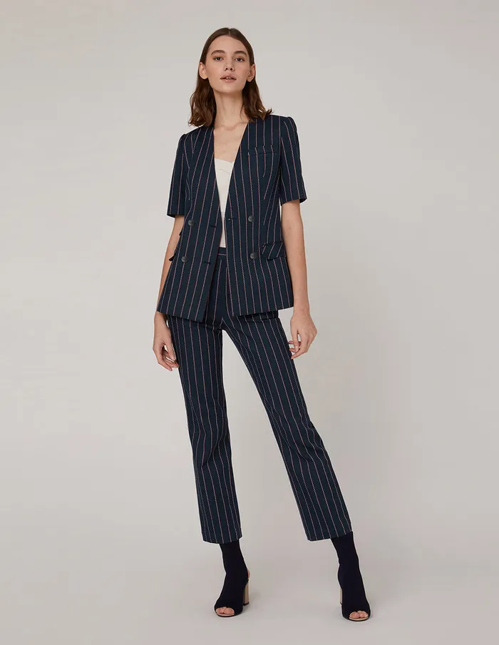 MARYLING Blazers Blue Striped Double Breasted Short Sleeve Jacket Mix 8211 Women MARYLING Blazers Blue Striped Double Breasted Short Sleeve Jacket Mix 8211 Women