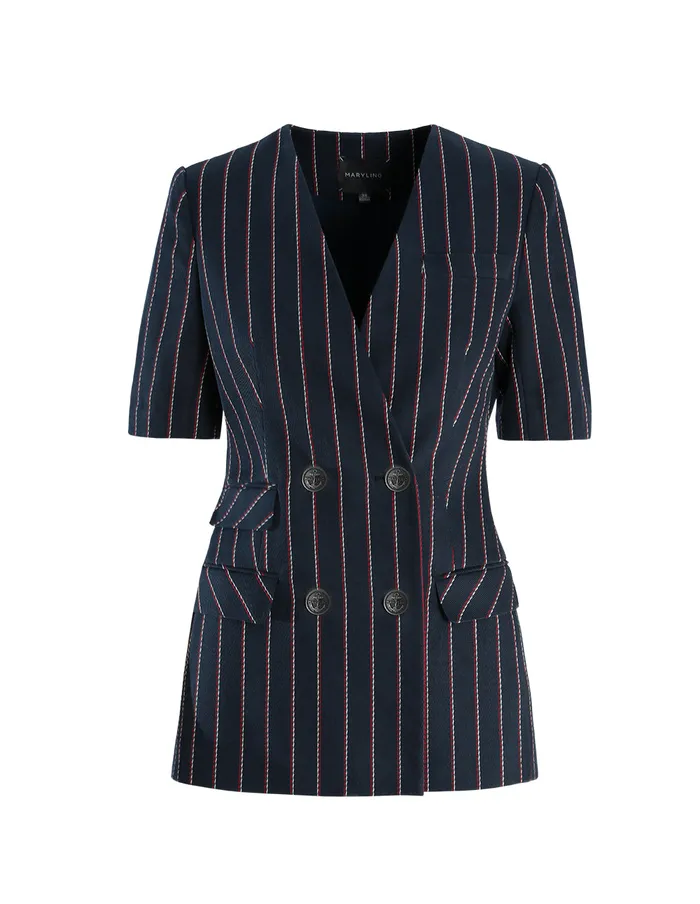 MARYLING Blazers Blue Striped Double Breasted Short Sleeve Jacket Mix 8211 Women MARYLING Blazers Blue Striped Double Breasted Short Sleeve Jacket Mix 8211 Women