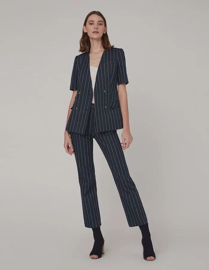 MARYLING Blazers Blue Striped Double Breasted Short Sleeve Jacket Mix 8211 Women MARYLING Blazers Blue Striped Double Breasted Short Sleeve Jacket Mix 8211 Women