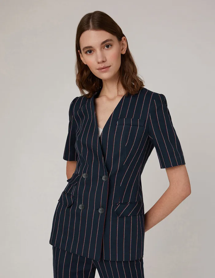 MARYLING Blazers Blue Striped Double Breasted Short Sleeve Jacket Mix 8211 Women MARYLING Blazers Blue Striped Double Breasted Short Sleeve Jacket Mix 8211 Women