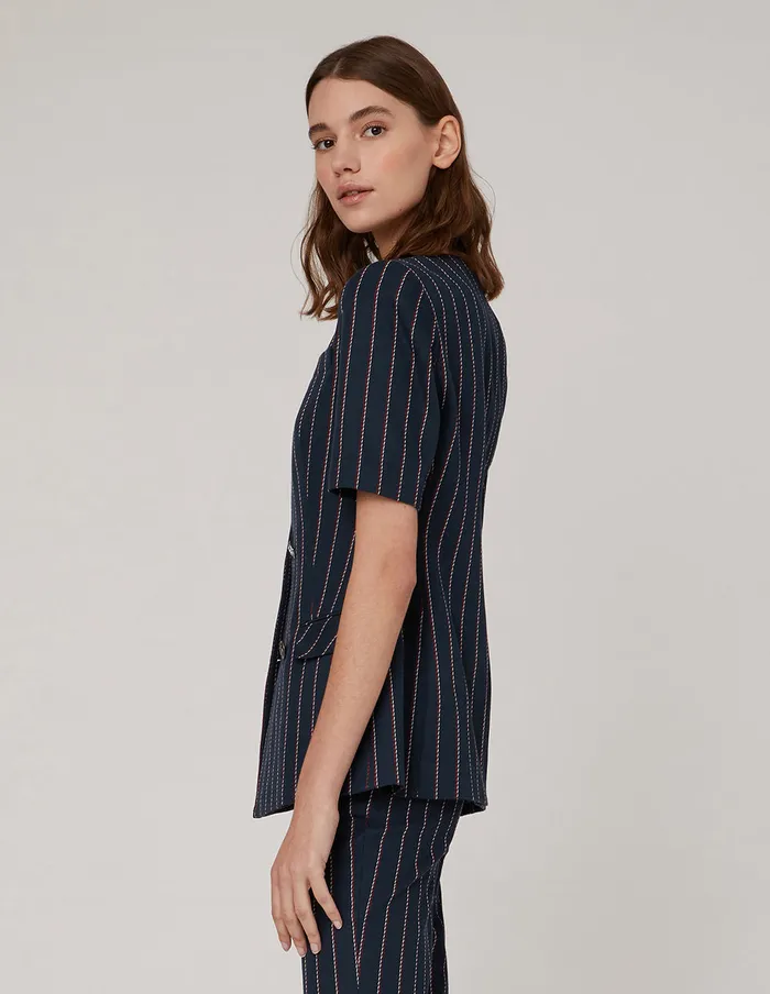 MARYLING Blazers Blue Striped Double Breasted Short Sleeve Jacket Mix 8211 Women MARYLING Blazers Blue Striped Double Breasted Short Sleeve Jacket Mix 8211 Women