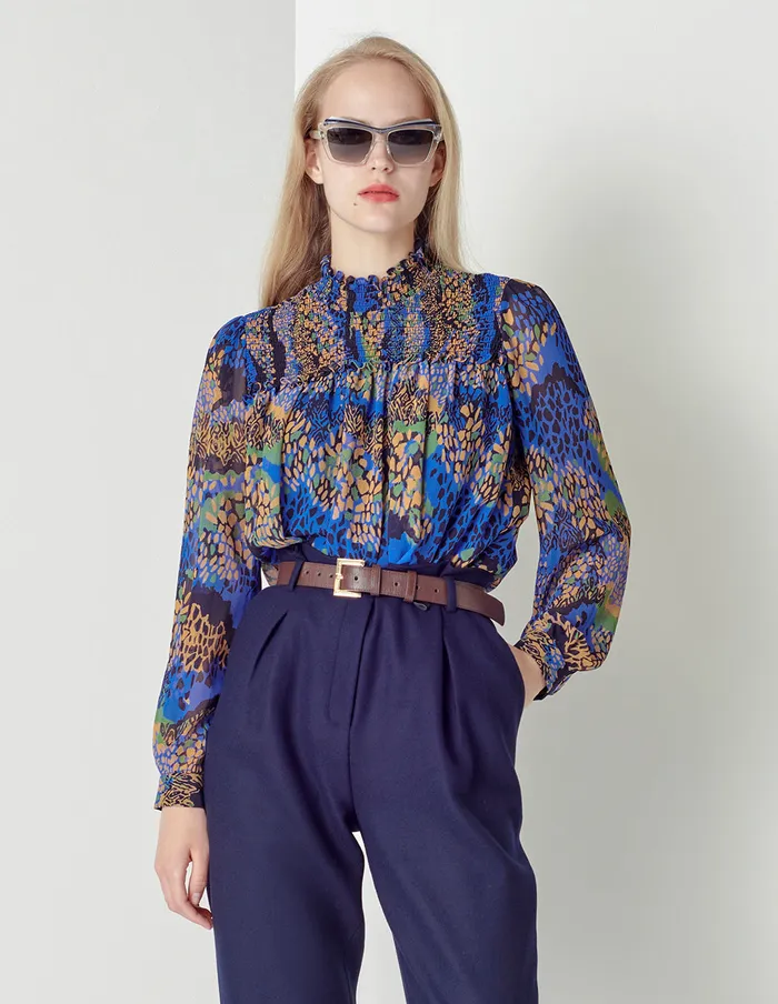 MARYLING Blouse Blue Iris Floral Pleated Georgette Top Mix 8211 Women MARYLING Blouse Blue Iris Floral Pleated Georgette Top Mix 8211 Women