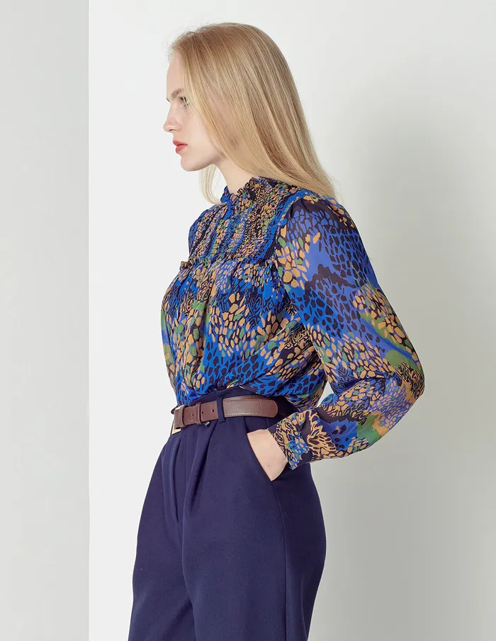 MARYLING Blouse Blue Iris Floral Pleated Georgette Top Mix 8211 Women MARYLING Blouse Blue Iris Floral Pleated Georgette Top Mix 8211 Women