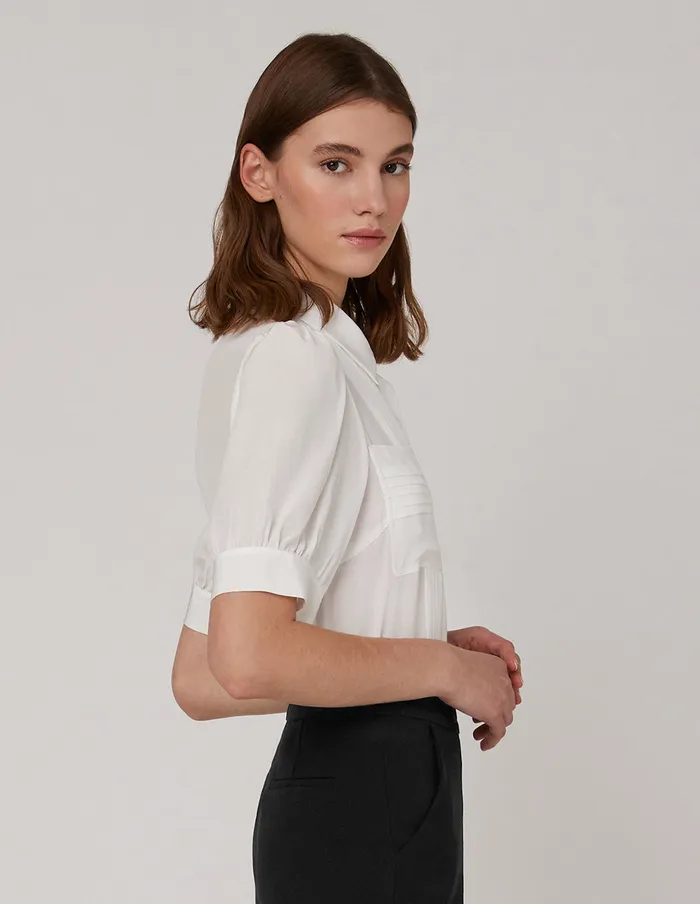 MARYLING Blouse Pleated Design Chest Pocket And Puff Sleeves White 8211 Women