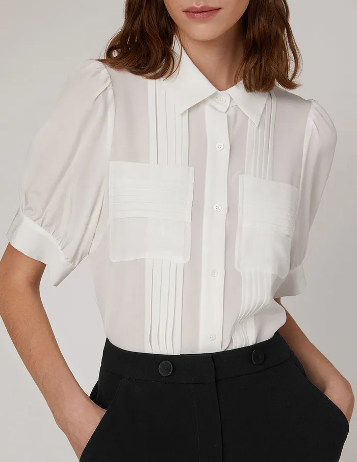 MARYLING Blouse Pleated Design Chest Pocket And Puff Sleeves White 8211 Women