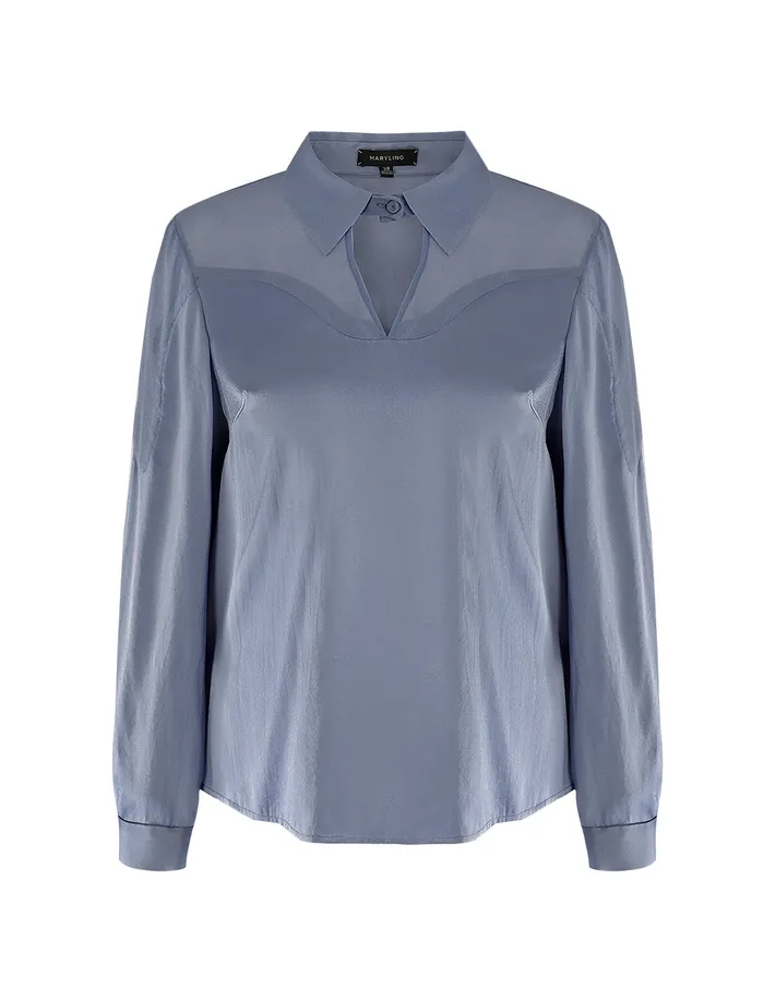 MARYLING Blouse SILK GEORGETTE COLLAR LONG SLEEVE SHIRT Blue 8211 Women