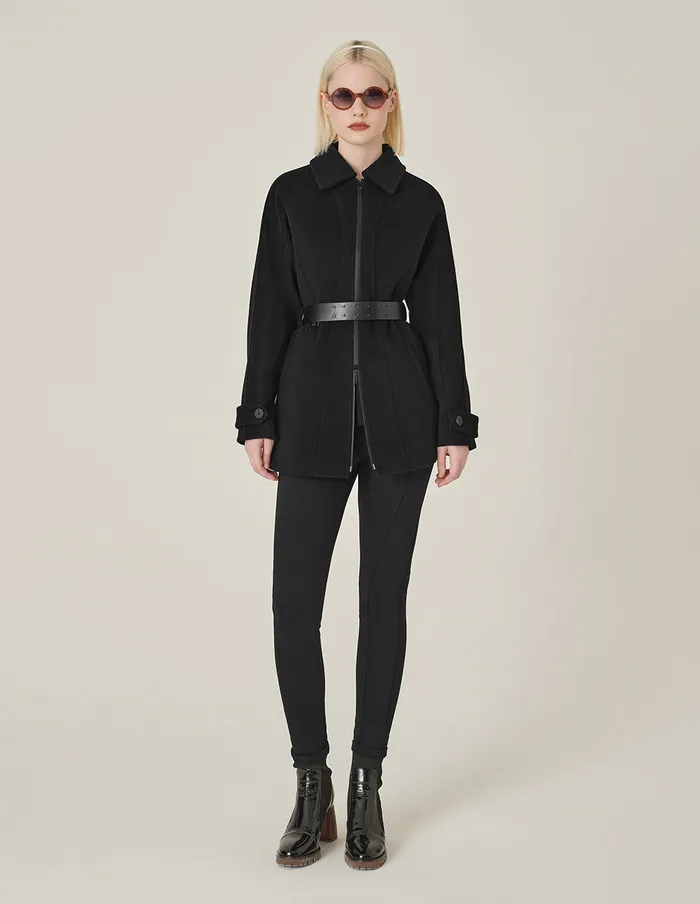 MARYLING Jacket and Coat Black Lapel Zipper Design Belted DoubleFaced Coat Black 8211 Women MARYLING Jacket and Coat Black Lapel Zipper Design Belted DoubleFaced Coat Black 8211 Women