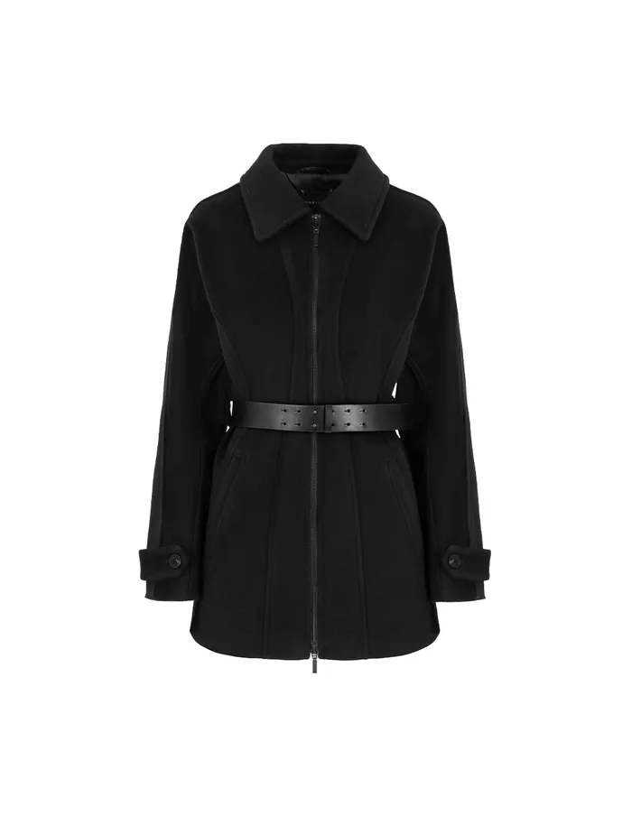 MARYLING Jacket and Coat Black Lapel Zipper Design Belted DoubleFaced Coat Black 8211 Women MARYLING Jacket and Coat Black Lapel Zipper Design Belted DoubleFaced Coat Black 8211 Women