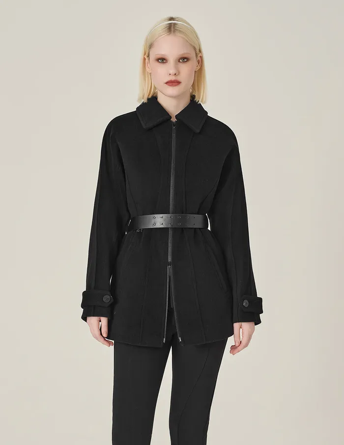 MARYLING Jacket and Coat Black Lapel Zipper Design Belted DoubleFaced Coat Black 8211 Women MARYLING Jacket and Coat Black Lapel Zipper Design Belted DoubleFaced Coat Black 8211 Women