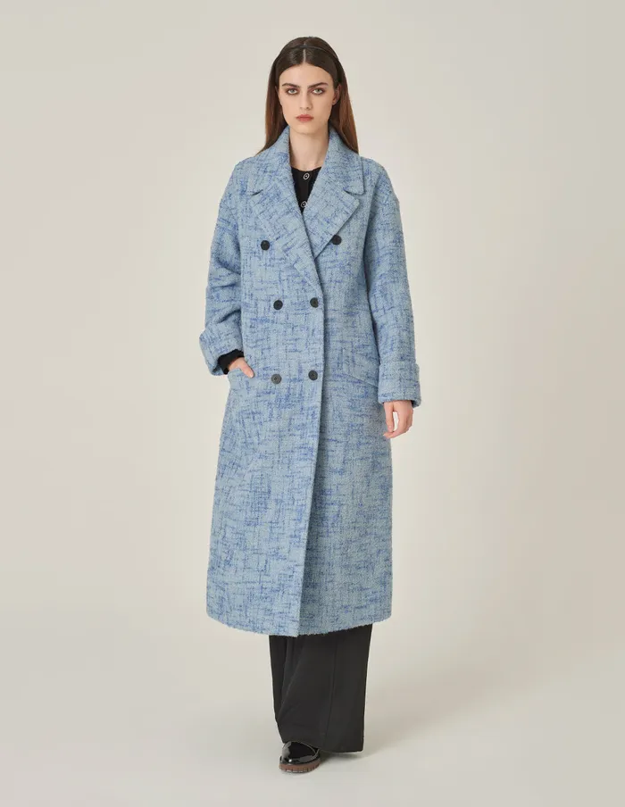 MARYLING Jacket and Coat Blue Loose DoubleBreasted Long Tweed Wool Coat Light Blue 8211 Women MARYLING Jacket and Coat Blue Loose DoubleBreasted Long Tweed Wool Coat Light Blue 8211 Women