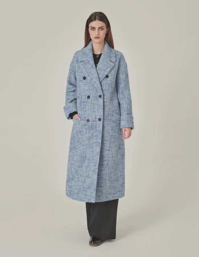 MARYLING Jacket and Coat Blue Loose DoubleBreasted Long Tweed Wool Coat Light Blue 8211 Women MARYLING Jacket and Coat Blue Loose DoubleBreasted Long Tweed Wool Coat Light Blue 8211 Women