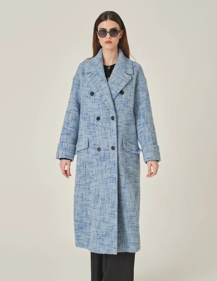 MARYLING Jacket and Coat Blue Loose DoubleBreasted Long Tweed Wool Coat Light Blue 8211 Women MARYLING Jacket and Coat Blue Loose DoubleBreasted Long Tweed Wool Coat Light Blue 8211 Women
