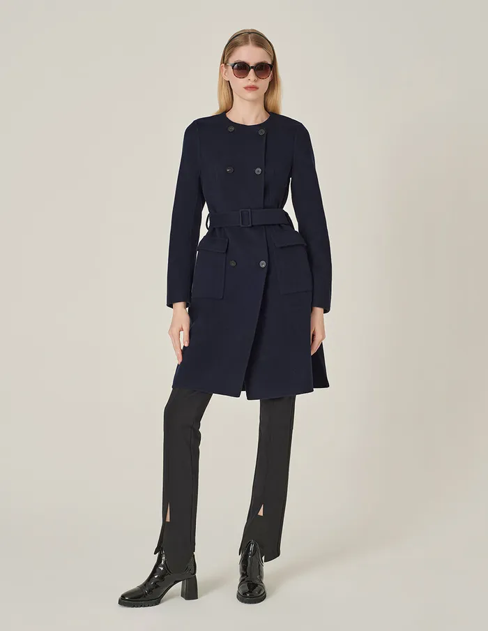 MARYLING Jacket and Coat Dark Blue Collarless DoubleBreasted Coat Mid 8211 Women MARYLING Jacket and Coat Dark Blue Collarless DoubleBreasted Coat Mid 8211 Women