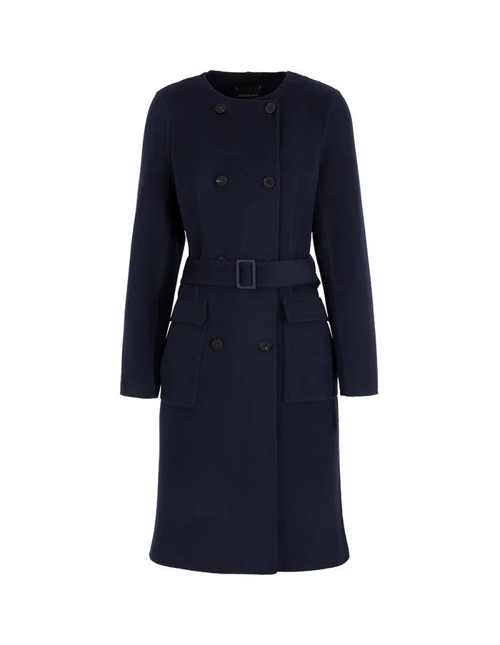 MARYLING Jacket and Coat Dark Blue Collarless DoubleBreasted Coat Mid 8211 Women MARYLING Jacket and Coat Dark Blue Collarless DoubleBreasted Coat Mid 8211 Women
