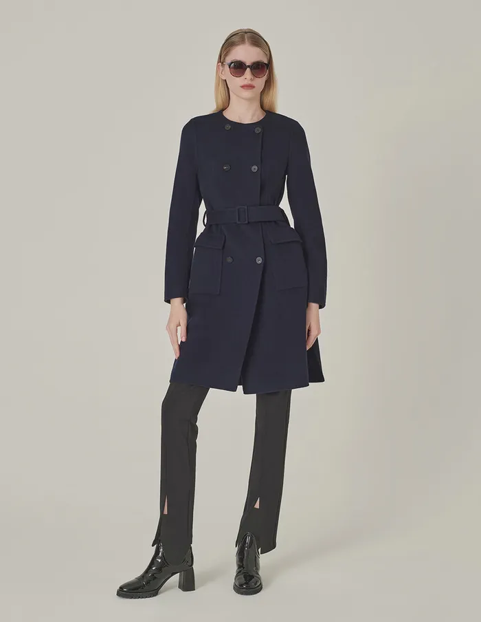MARYLING Jacket and Coat Dark Blue Collarless DoubleBreasted Coat Mid 8211 Women MARYLING Jacket and Coat Dark Blue Collarless DoubleBreasted Coat Mid 8211 Women