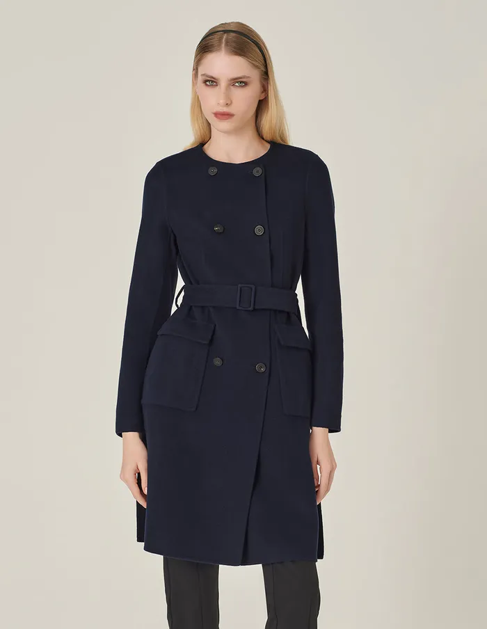 MARYLING Jacket and Coat Dark Blue Collarless DoubleBreasted Coat Mid 8211 Women MARYLING Jacket and Coat Dark Blue Collarless DoubleBreasted Coat Mid 8211 Women