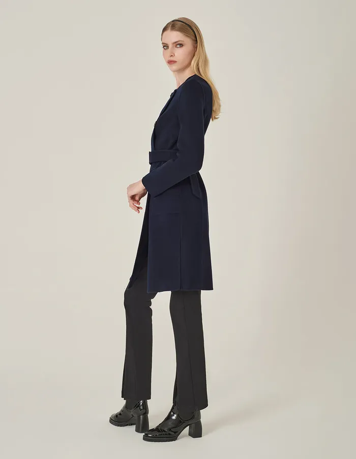 MARYLING Jacket and Coat Dark Blue Collarless DoubleBreasted Coat Mid 8211 Women MARYLING Jacket and Coat Dark Blue Collarless DoubleBreasted Coat Mid 8211 Women