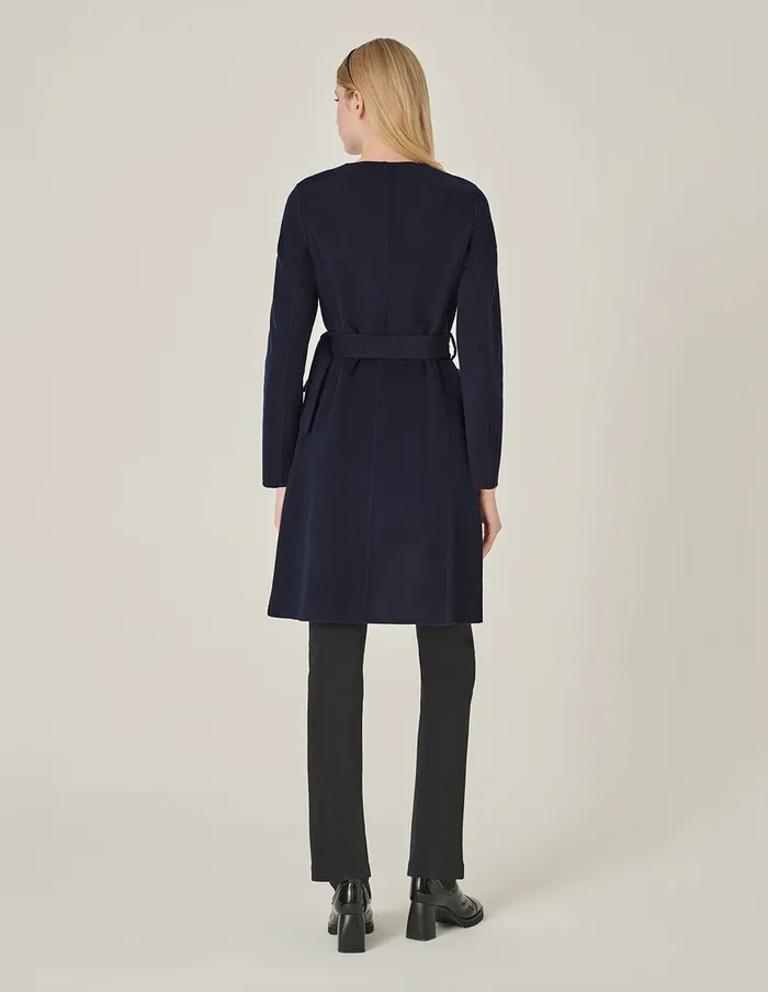 MARYLING Jacket and Coat Dark Blue Collarless DoubleBreasted Coat Mid 8211 Women MARYLING Jacket and Coat Dark Blue Collarless DoubleBreasted Coat Mid 8211 Women