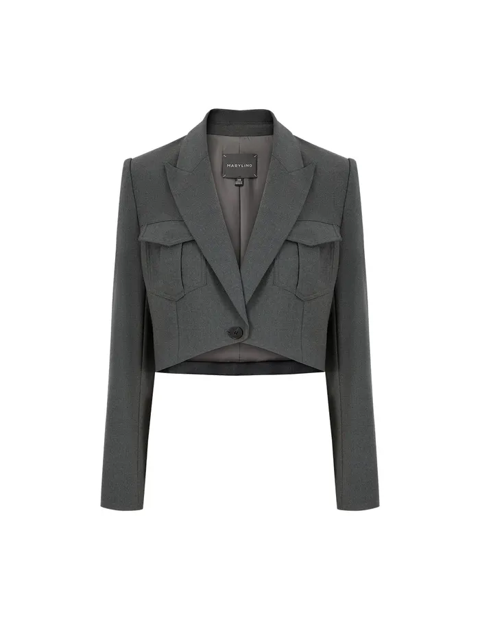 MARYLING Jacket and Coat Grey Blue Hem Curved Design Retro Blazer Grey 8211 Women MARYLING Jacket and Coat Grey Blue Hem Curved Design Retro Blazer Grey 8211 Women