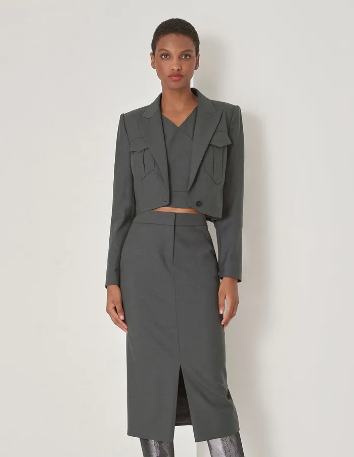 MARYLING Jacket and Coat Grey Blue Hem Curved Design Retro Blazer Grey 8211 Women MARYLING Jacket and Coat Grey Blue Hem Curved Design Retro Blazer Grey 8211 Women