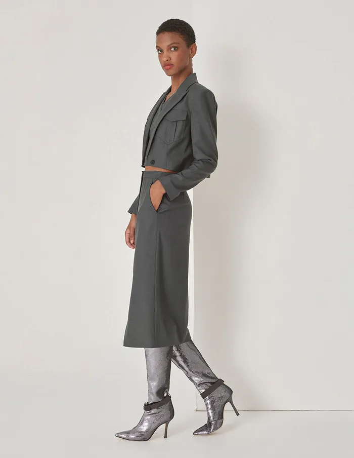 MARYLING Jacket and Coat Grey Blue Hem Curved Design Retro Blazer Grey 8211 Women MARYLING Jacket and Coat Grey Blue Hem Curved Design Retro Blazer Grey 8211 Women