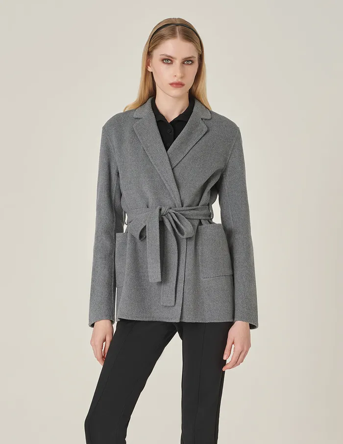 MARYLING Jacket and Coat Notched Lapel Wrap Belted DoubleFaced Wool Coat Grey 8211 Women MARYLING Jacket and Coat Notched Lapel Wrap Belted DoubleFaced Wool Coat Grey 8211 Women